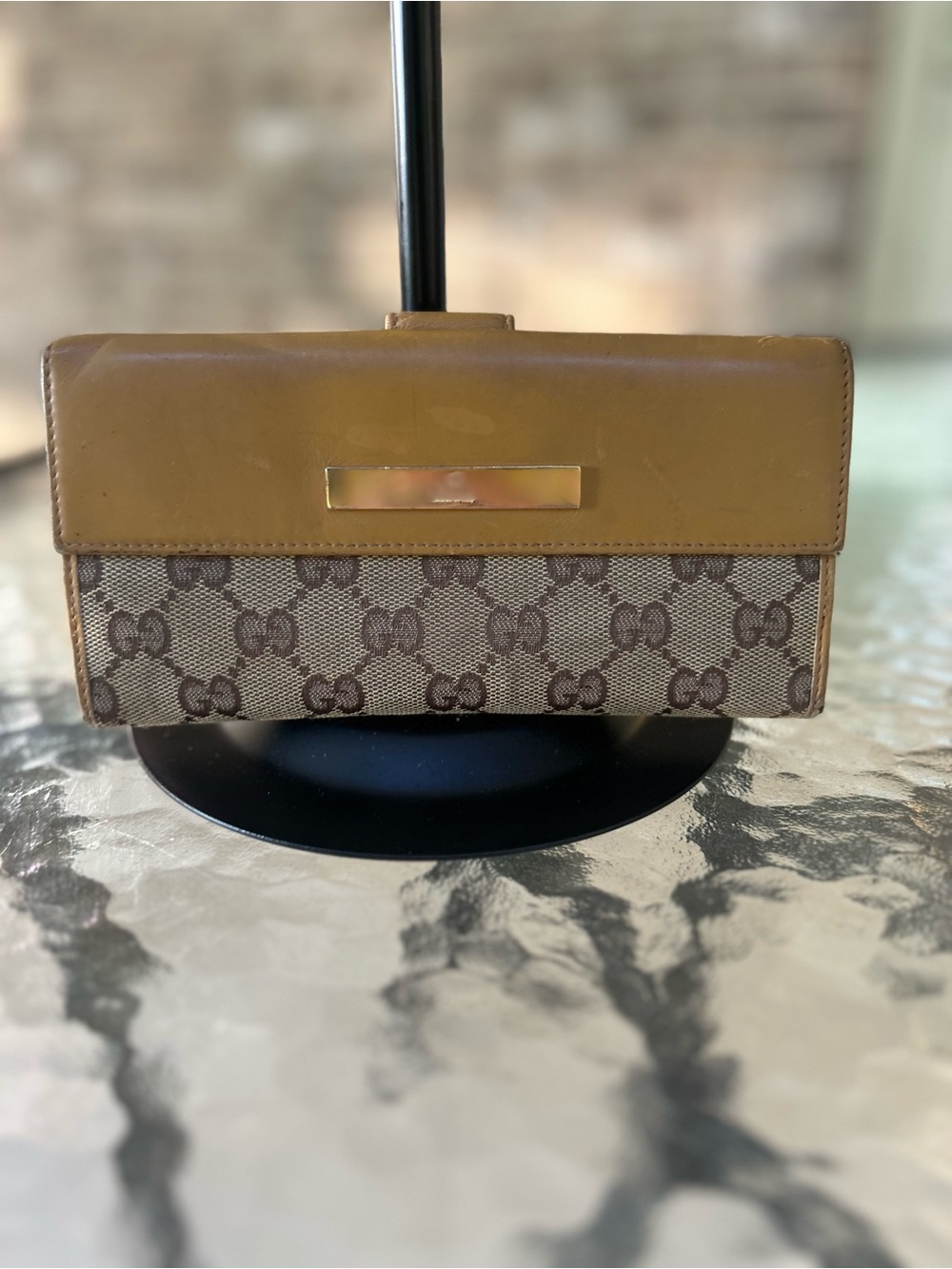 Authentic Vintage Gucci GG Monogram Canvas Tan Leather Continental Wallet